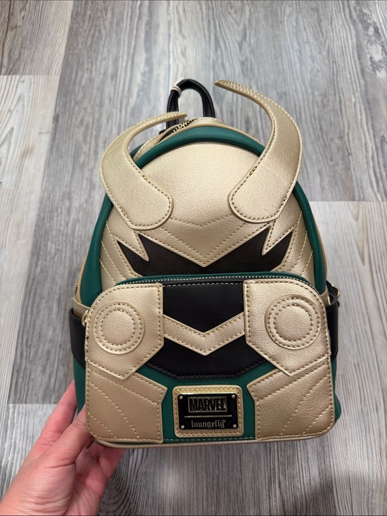 Loungefly Handbags - NWT Loungefly Marvel Loki Helmet Mini Backpack in Metallic Gold, Green & Black